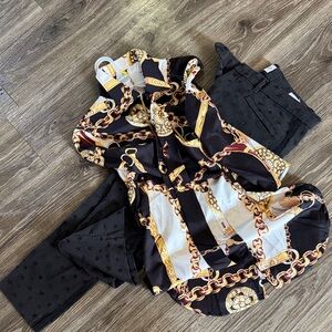 Black and Gold Chain Print Blouse with black ankle pants